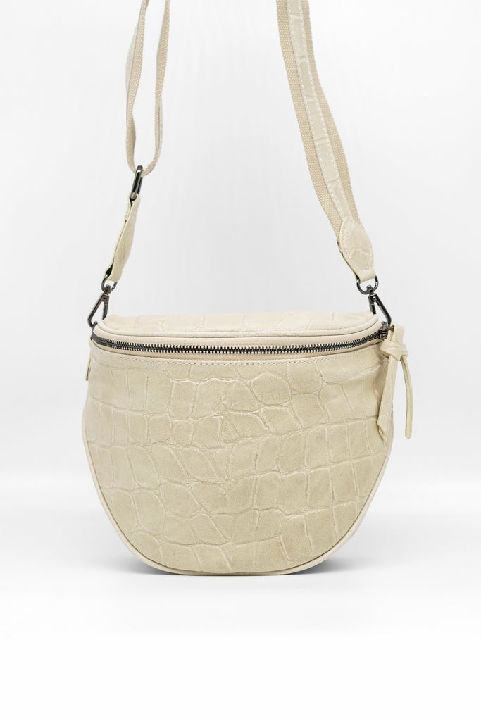 Crossbody-Bag KENNY aus genarbtem Leder mit Kroko-Prägung in creme