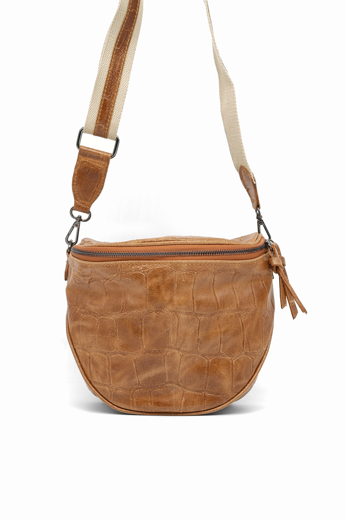 Crossbody-Bag KENNY aus genarbtem Leder mit Kroko-Prägung in hellbraun